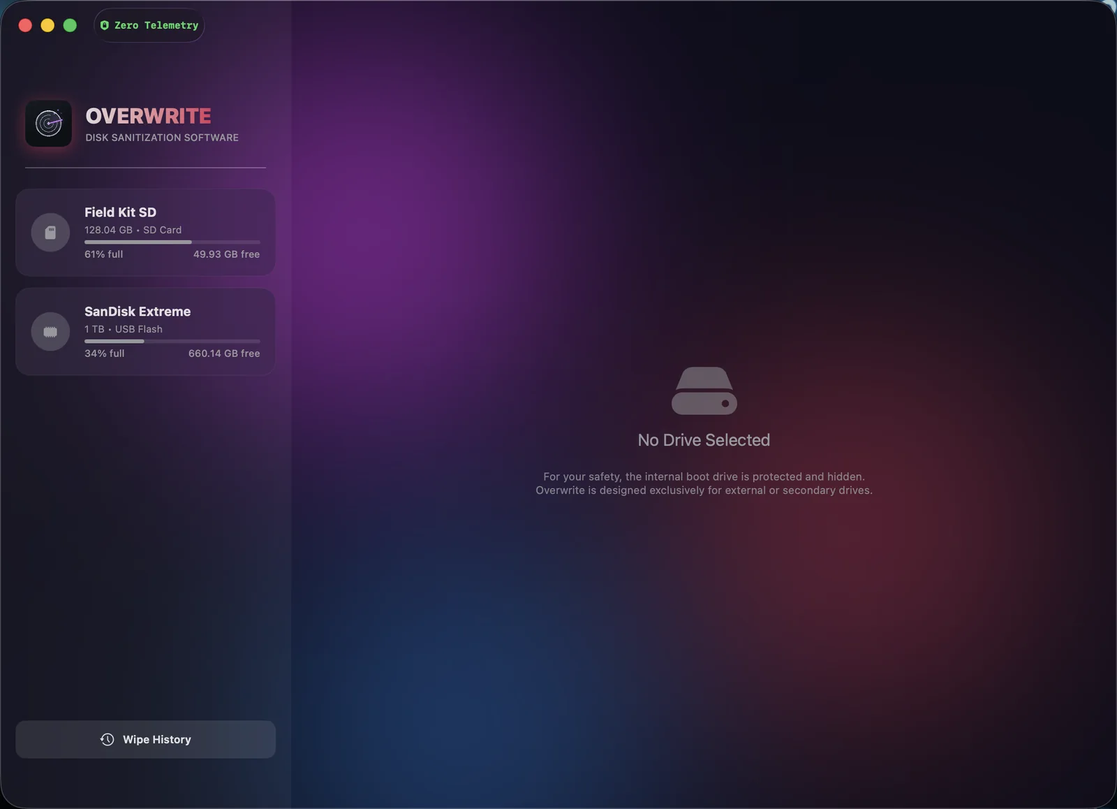 Drive list — only external and removable drives are shown; the startup disk is never listed