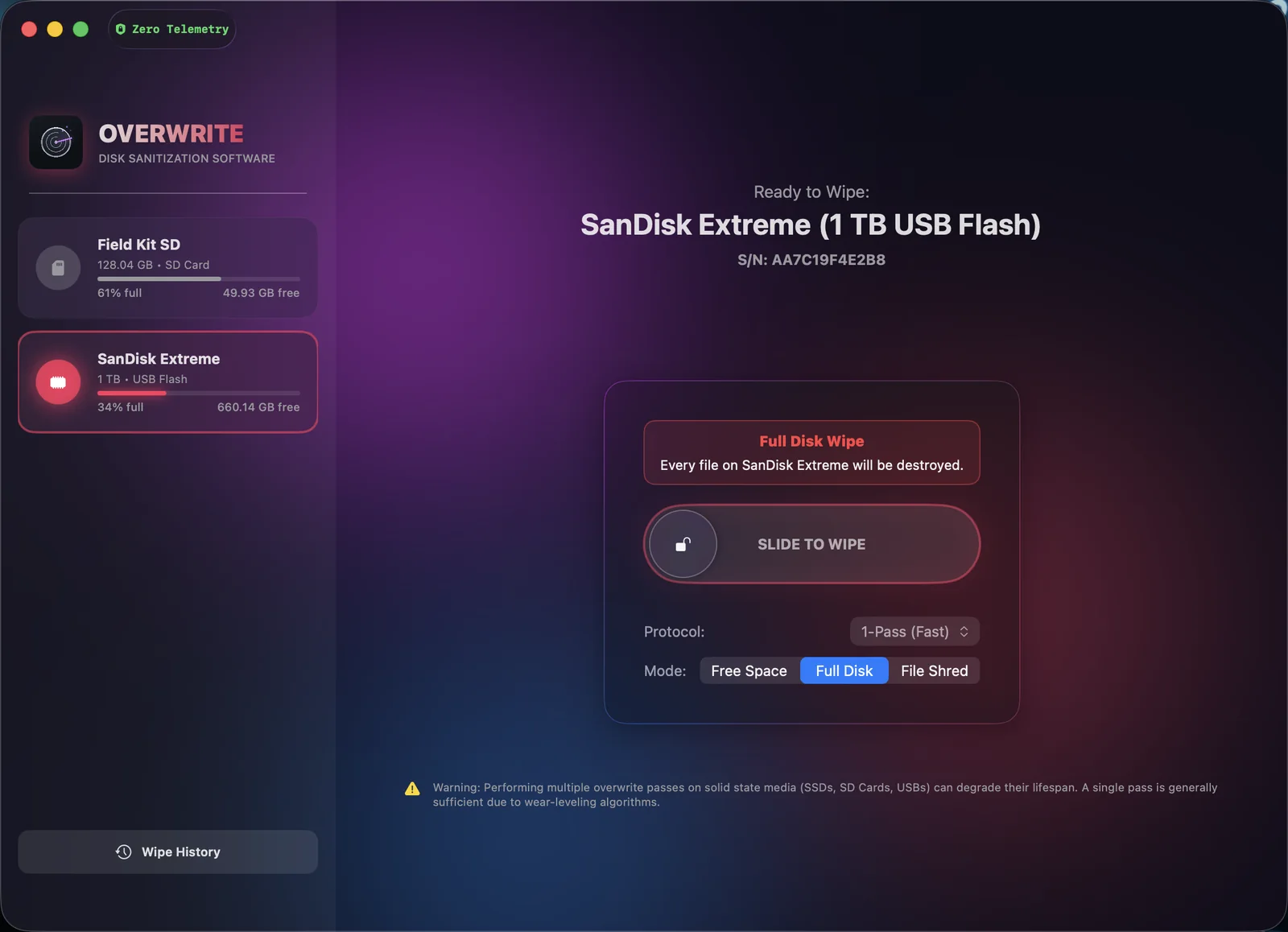 Ready to wipe — SanDisk Extreme selected, with the slide-to-wipe control and the Free Space and Full Disk modes