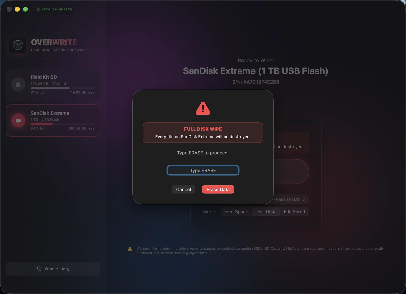 Erase confirmation — type ERASE before a Full Disk wipe starts