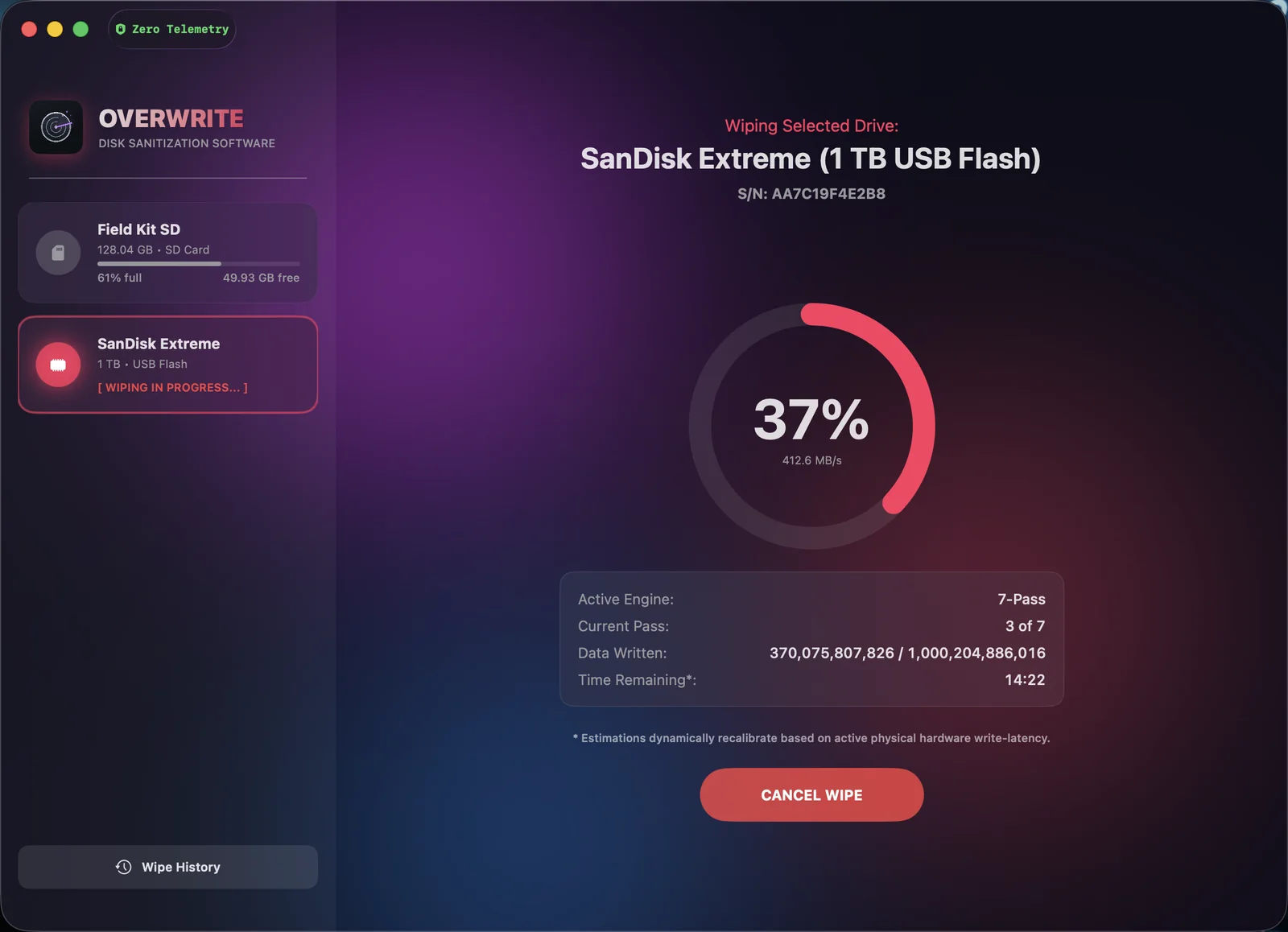 Wipe in progress — pass count, write speed, bytes written and time remaining