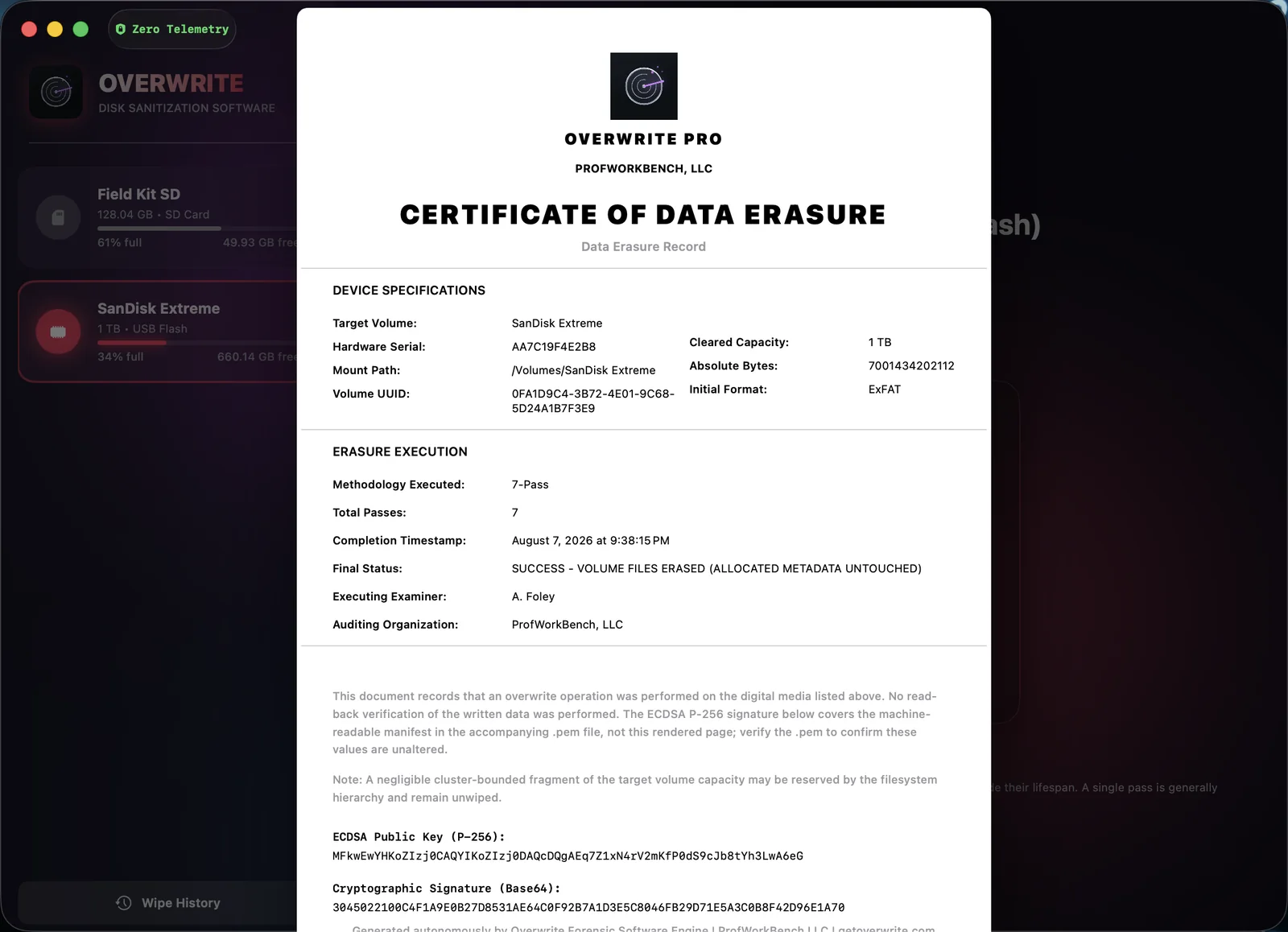 Certificate of Data Erasure — the signed PDF, which states that no read-back verification was performed