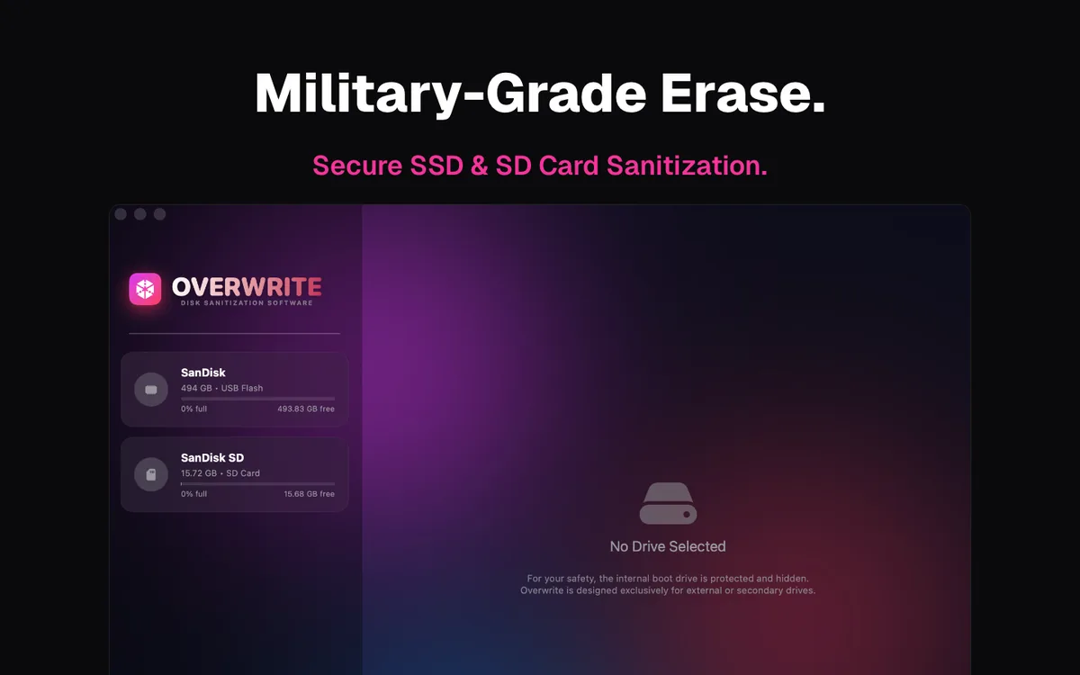 Military-Grade Erase — Overwrite dashboard with connected drives