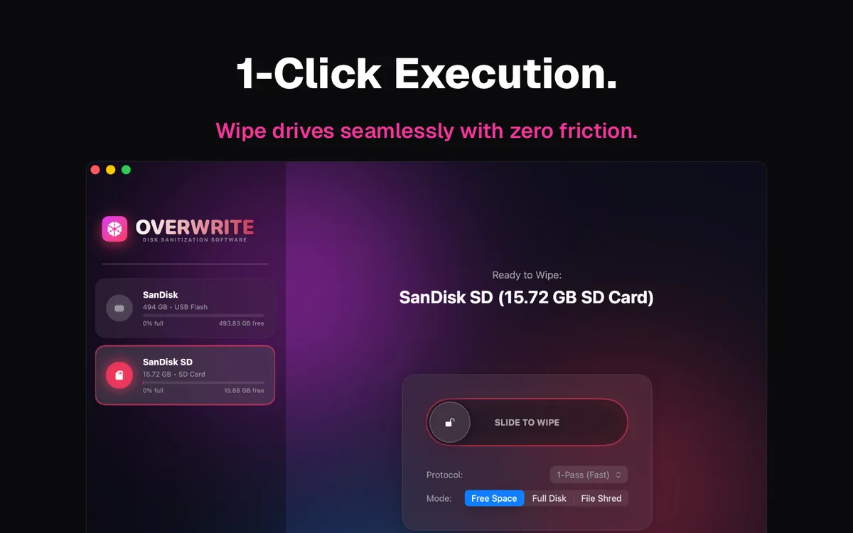 1-Click Execution — slide to wipe control
